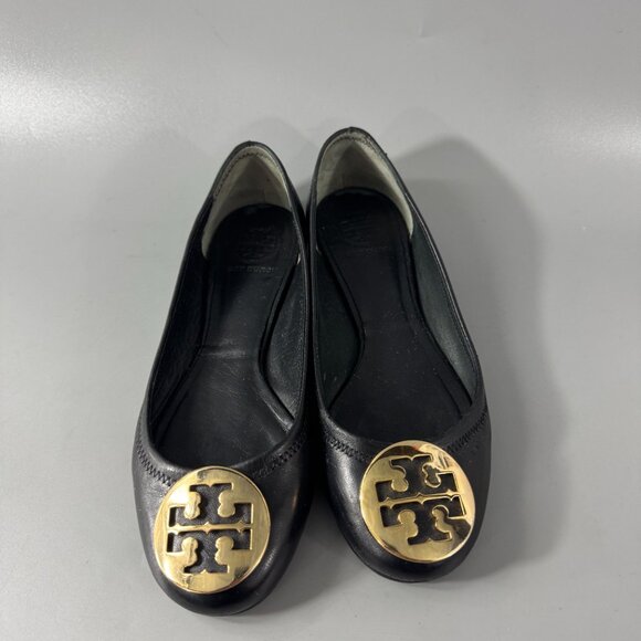 TORY BURCH Reva Ballerina Ballet Flats - Black Leather Gold Logo - Size 6 M - Picture 4 of 14